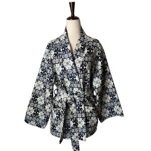 Free For Humanity Coat Women Medium‎ Blue Tribal Jacquard Kimono Trench Outdoor